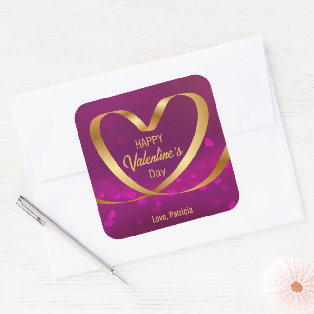Heart Ribbon Gold Happy Valentine's Day Purple Square Sticker (Envelope)