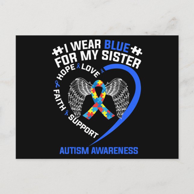 Heart Ribbon I Wear Blue For My Sister Autism Awar Postcard (Front)