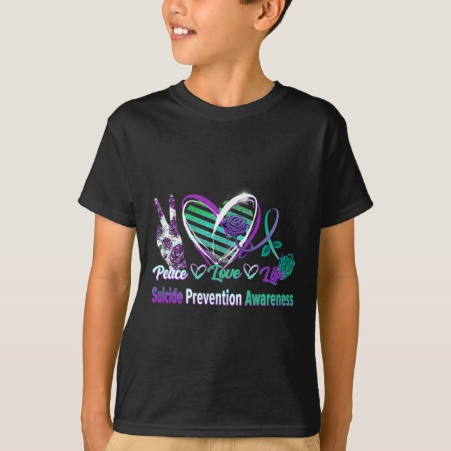 Heart Ribbon Rose Peace Love Mental Health Suicide T-Shirt (Front)