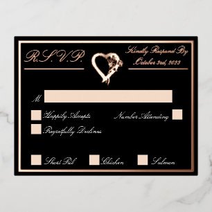 Heart & Roses, Black Wedding RSVP Rose Gold Foil Invitation Postcard