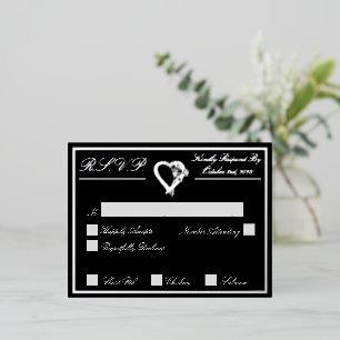 Heart & Roses, Black Wedding RSVP Silver Foil Invitation Postcard