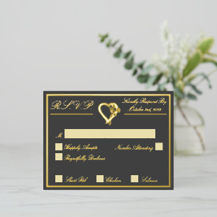 Heart & Roses, Grey Wedding RSVP Gold Foil Invitation Postcard