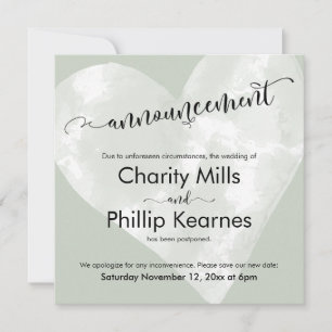 Heart Sage Green Postponed Wedding Announcement