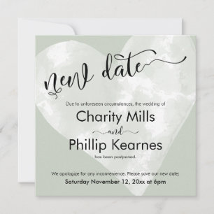 Heart Sage Green Postponed Wedding New Date Card