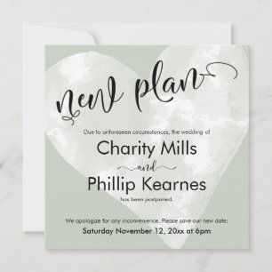 Heart Sage Green Postponed Wedding New Plan Card