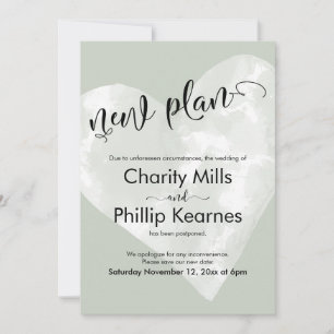 Heart Sage Green Postponed Wedding New Plan Card