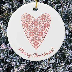 Heart Scandinavian Red White Christmas Ceramic Tree Decoration