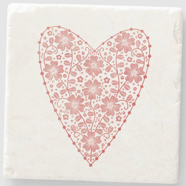 Heart Scandinavian Red White Stone Coaster (Scandinavian folk art floral heart red and white stone coaster)