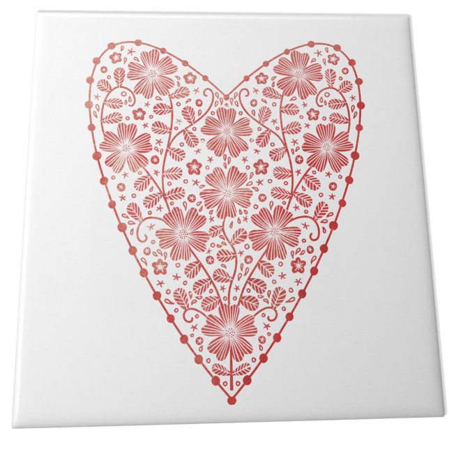 Heart Scandinavian Red White Tile (Red and white Scandinavian floral heart ceramic tile)