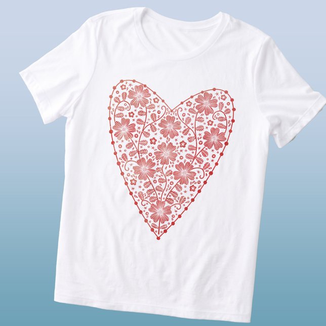 Heart Scandinavian Red White Tri-Blend Shirt (Scandinavian red and white floral heart triblend t-shirt)