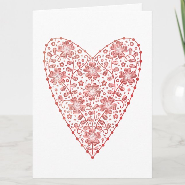 Heart Scandinavian Red White Valentines Day Card (Scandinavian folk floral red and white heart personalized Valentine's card)