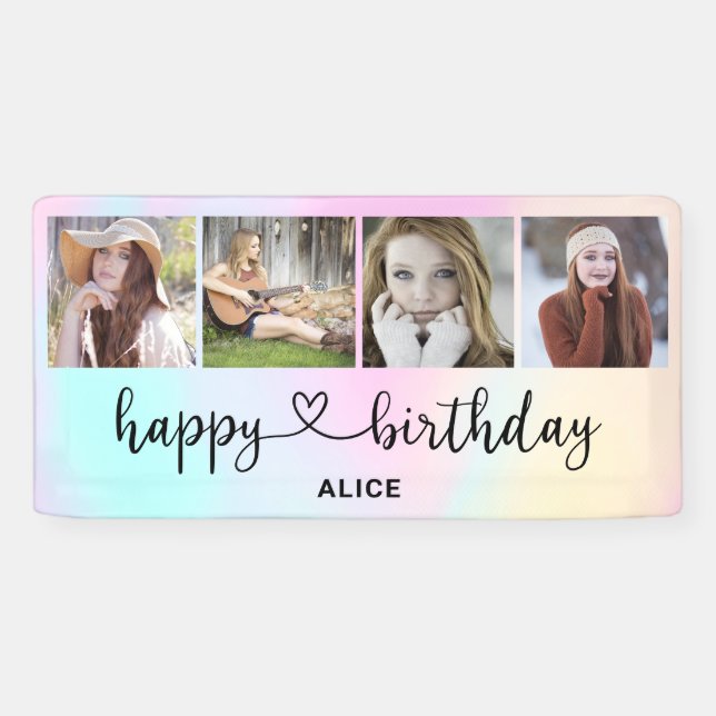 Heart Script 4 Photo Holographic Birthday Banner (Horizontal)