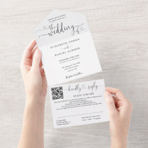 Heart Script Black And White QR Code Wedding All In One Invitation