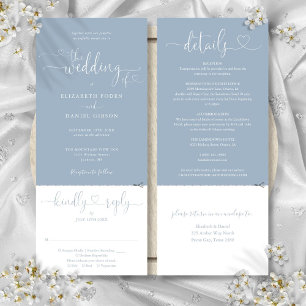 Heart Script Dusty Blue All In One Wedding Invitation