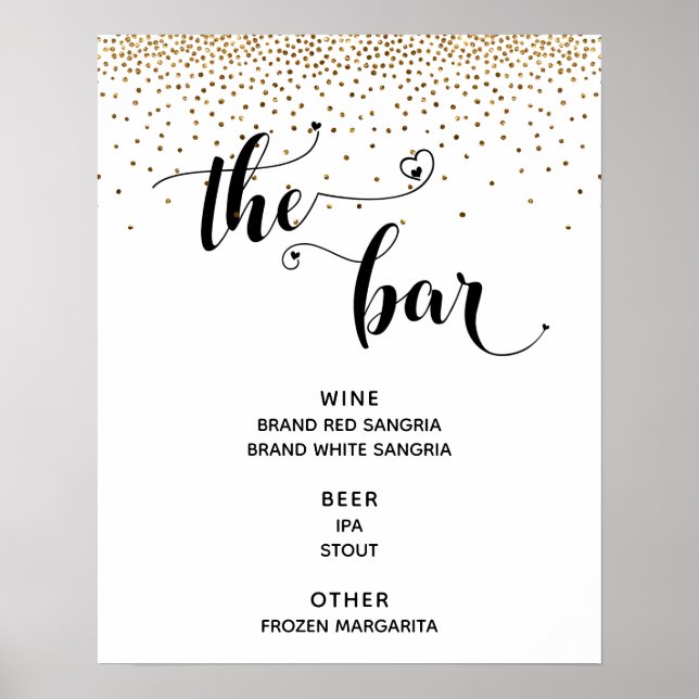 Heart Script & Gold Confetti "The Bar" Menu Sign (Front)
