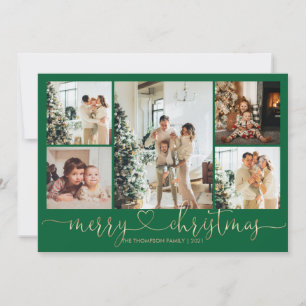 Heart Script Gold Green Merry Christmas 5 Photo Holiday Card