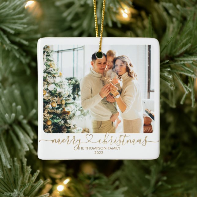 Heart Script Gold Merry Christmas Photo Holiday Ceramic Ornament (Tree)
