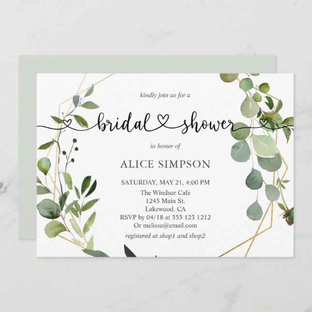 Heart Script Greenery Eucalyptus Bridal Shower Invitation (Front/Back)