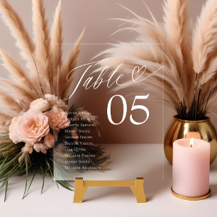 Heart Script Guest Names Seating Table Number Acrylic Sign