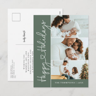 Heart Script Happy Holidays Family Photo Green Holiday Postcard
