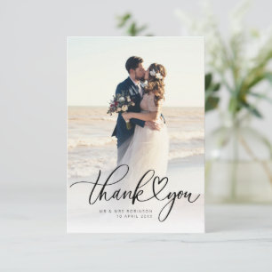 Heart script newlyweds wedding photo thank you card