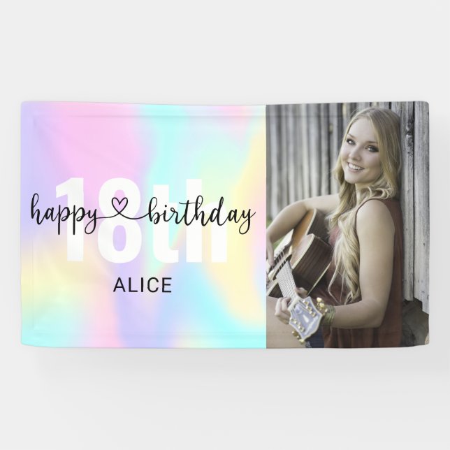 Heart Script Photo Birthday Holographic Banner (Horizontal)