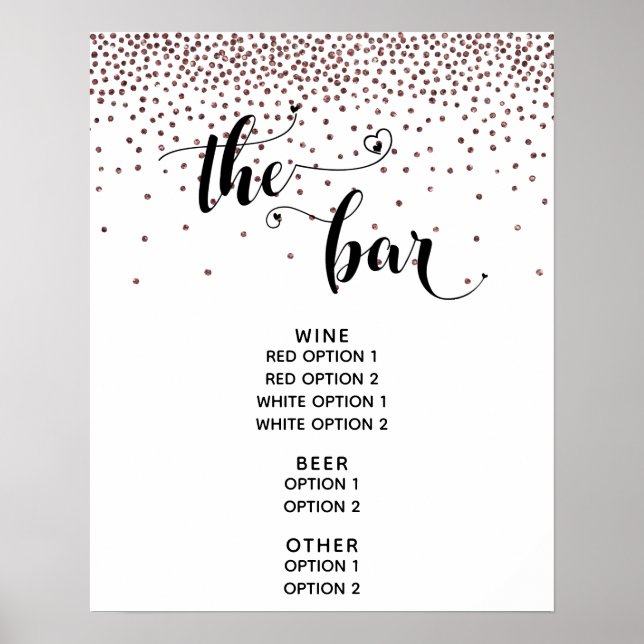 Heart Script Rose Gold Confetti The Bar Menu Sign (Front)