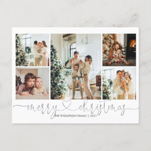 Heart Script Silver Grey Merry Christmas 5 Photo Holiday Postcard