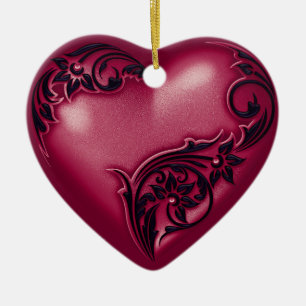 Heart Scroll Cranberry w Black Ceramic Tree Decoration