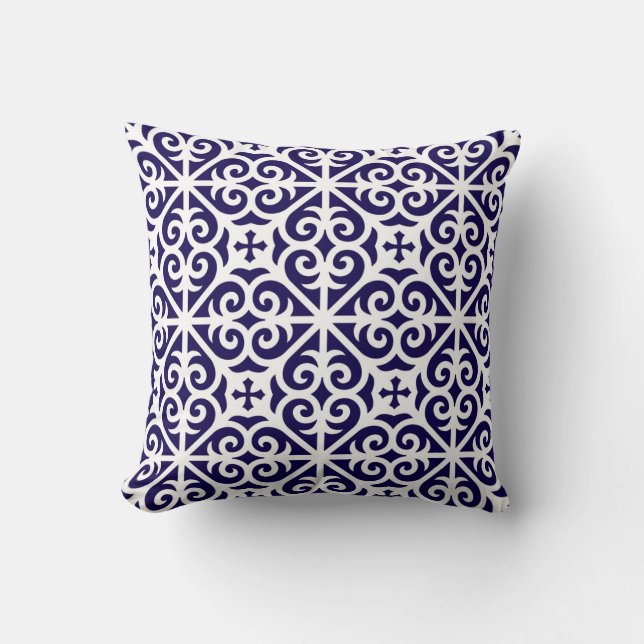 Heart Scroll Cross Pattern in Cobalt and White Cushion (Front)