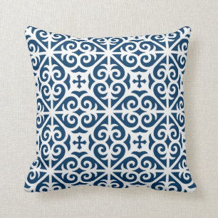 Heart Scroll Cross Pattern in Navy Blue and White Cushion