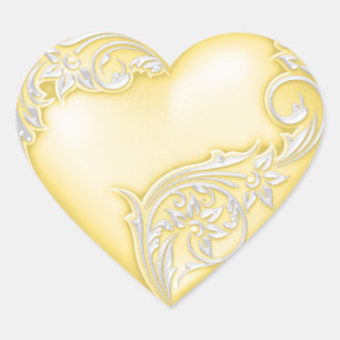 Heart Scroll Pale Yellow w White Heart Sticker