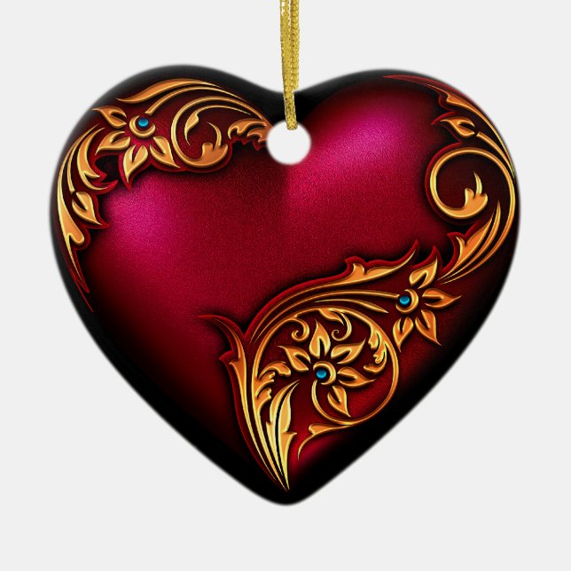 Heart Scroll Red Gold Ceramic Tree Decoration (Front)