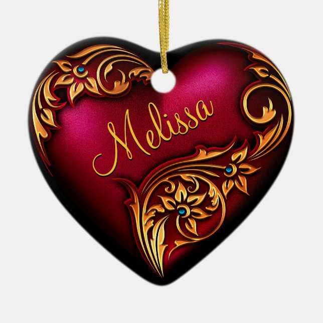 Heart Scroll Red Gold Personalised Ornament (Front)
