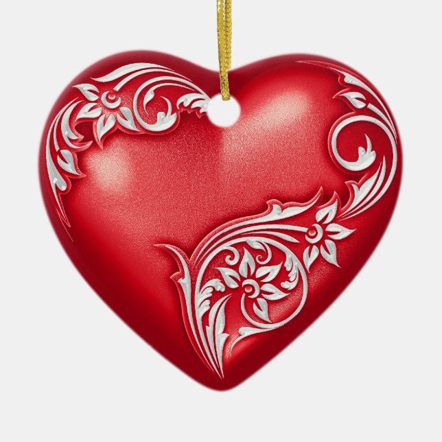 Heart Scroll Red w White Ceramic Tree Decoration (Front)