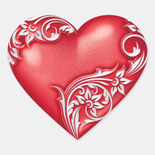 Heart Scroll Red w White Heart Sticker