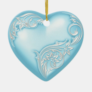 Heart Scroll Sky Blue w White Ceramic Tree Decoration