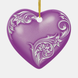Heart Scroll Violet w White Ceramic Tree Decoration