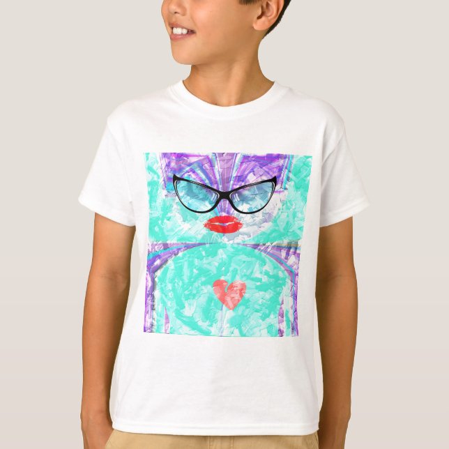 Heart Selfie Whimsical Portrait Teal Background T- T-Shirt (Front)