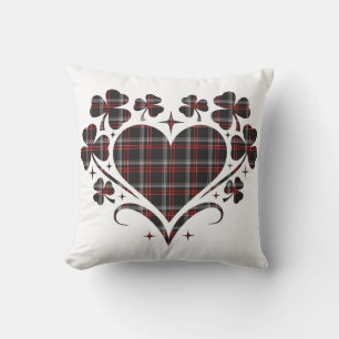 Heart Shamrock Plaid Black Classic Clover Cushion