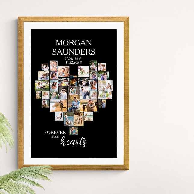 Heart Shape 36 Photo Collage Memorial Funeral Poster (Funeral memorial poster to order professionally printed or as a printable digital download)