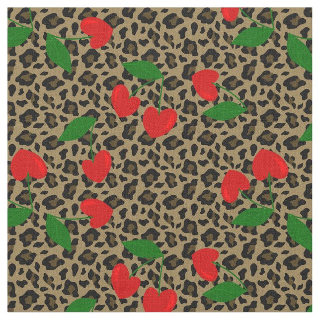 heart shape cherry leopard rockabilly  fabric (Close Up)