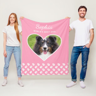 Heart Shape Custom Pet Photo On Pink & Text Fleece Blanket