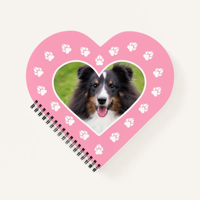 Heart Shape Custom Pet Photo On Pink With Paws Notebook (Front)