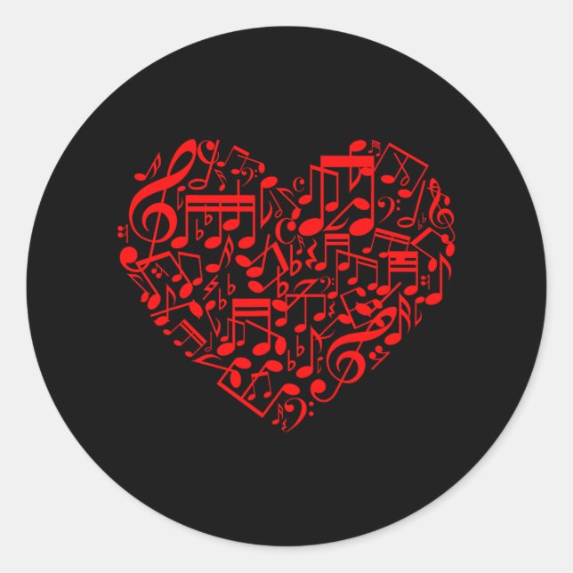 Heart Shape Musical Notes Music Lovers Valentines Classic Round Sticker (Front)