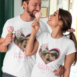 Heart shape photo chic floral engagement  T-Shirt<br><div class="desc">We decided on forever typography script his and her names personalised t-shirt with heart shape couple's photo and pink roses.                   Perfect for an engagement,  wedding announcement,  or anniversary party on Valentine's Day!</div>