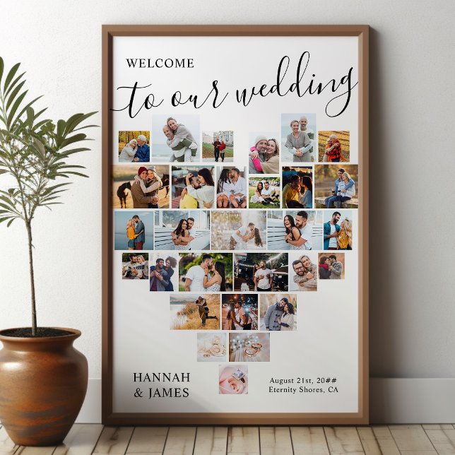 Heart Shape Photo Collage 29 Pic Wedding Welcome Poster (Wedding welcome poster with heart shaped photo collage - available printed or digital download.)