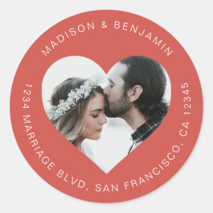 Heart Shape Photo Wedding Return Address Warm Red Classic Round Sticker