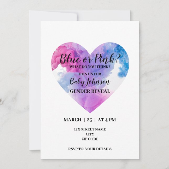 Heart shape smoke gender reveal invitation (Front)