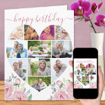 Heart Shaped 11 Photo Collage Pink Peony Birthday Card<br><div class="desc">Say Happy Birthday to a special lady with a love heart photo collage card decorated with pretty pink peony flowers. The photo template is set up for you to add your pictures, working in rows from top to bottom. The photo collage holds 11 photos which are displayed in a mix...</div>